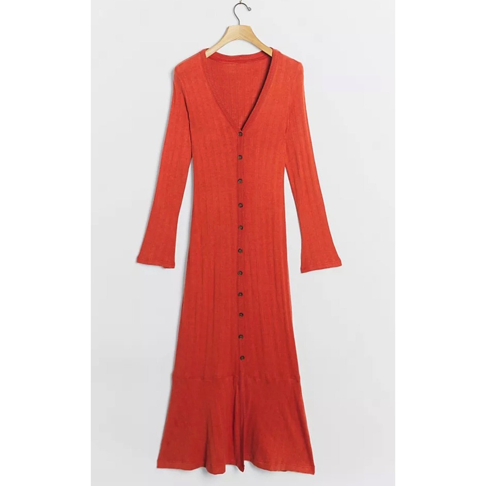 Anthropologie Knit Ribbed Button Front Flare Sleeve Midi Dress Women’s XS Career